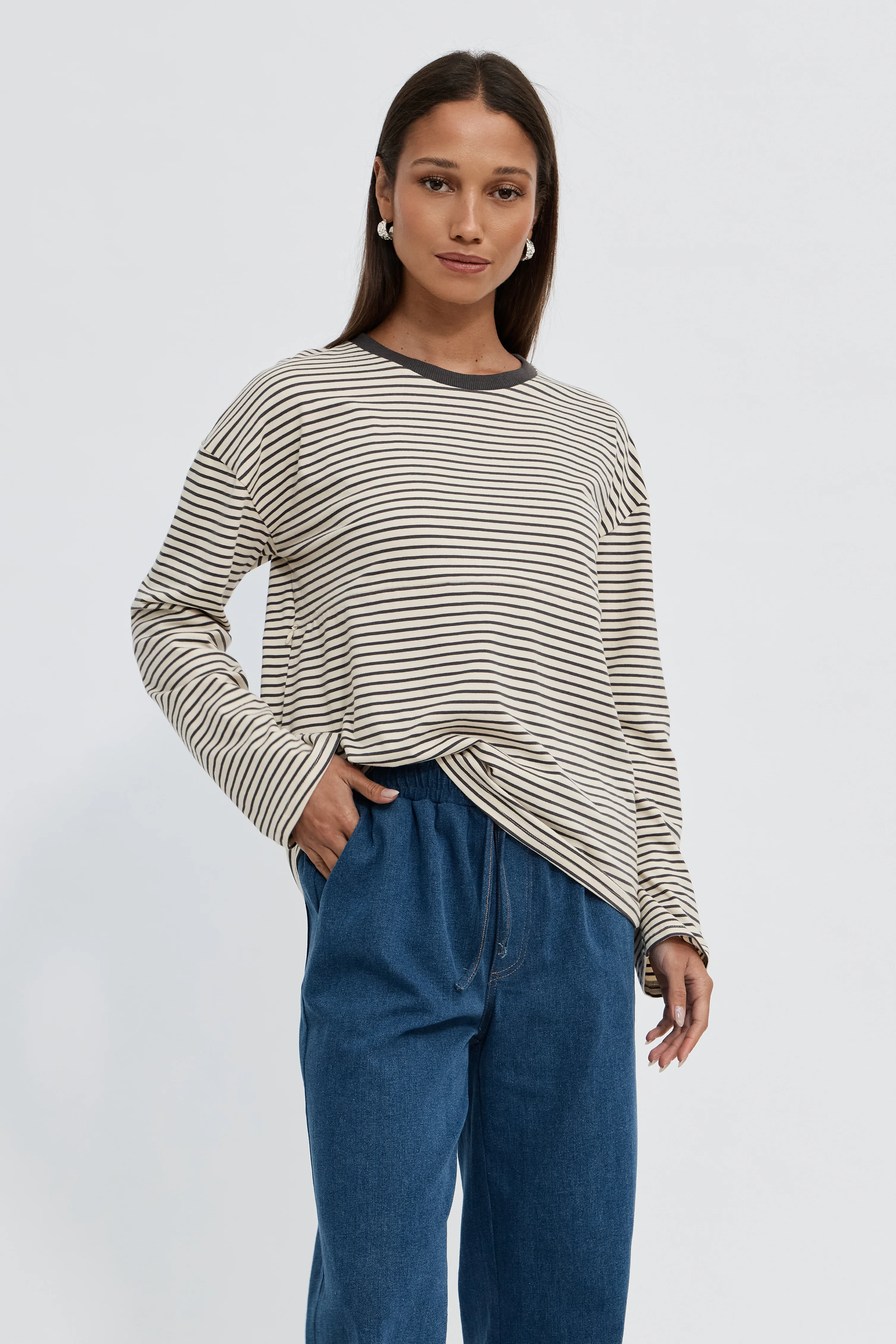 Sita Stripe Long Sleeve Top - Cream / Chocolate - Image 5