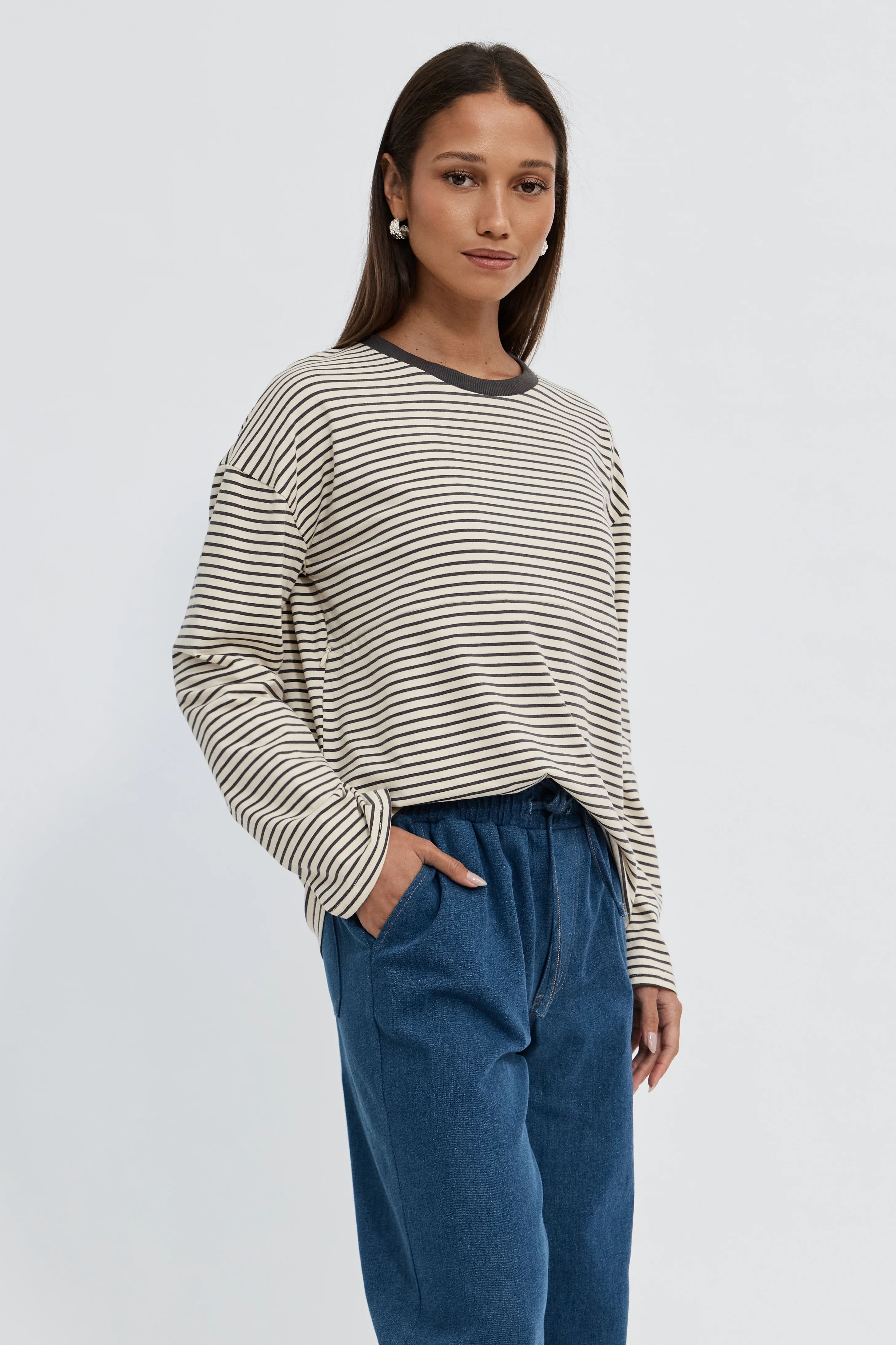 Sita Stripe Long Sleeve Top - Cream / Chocolate - Image 6