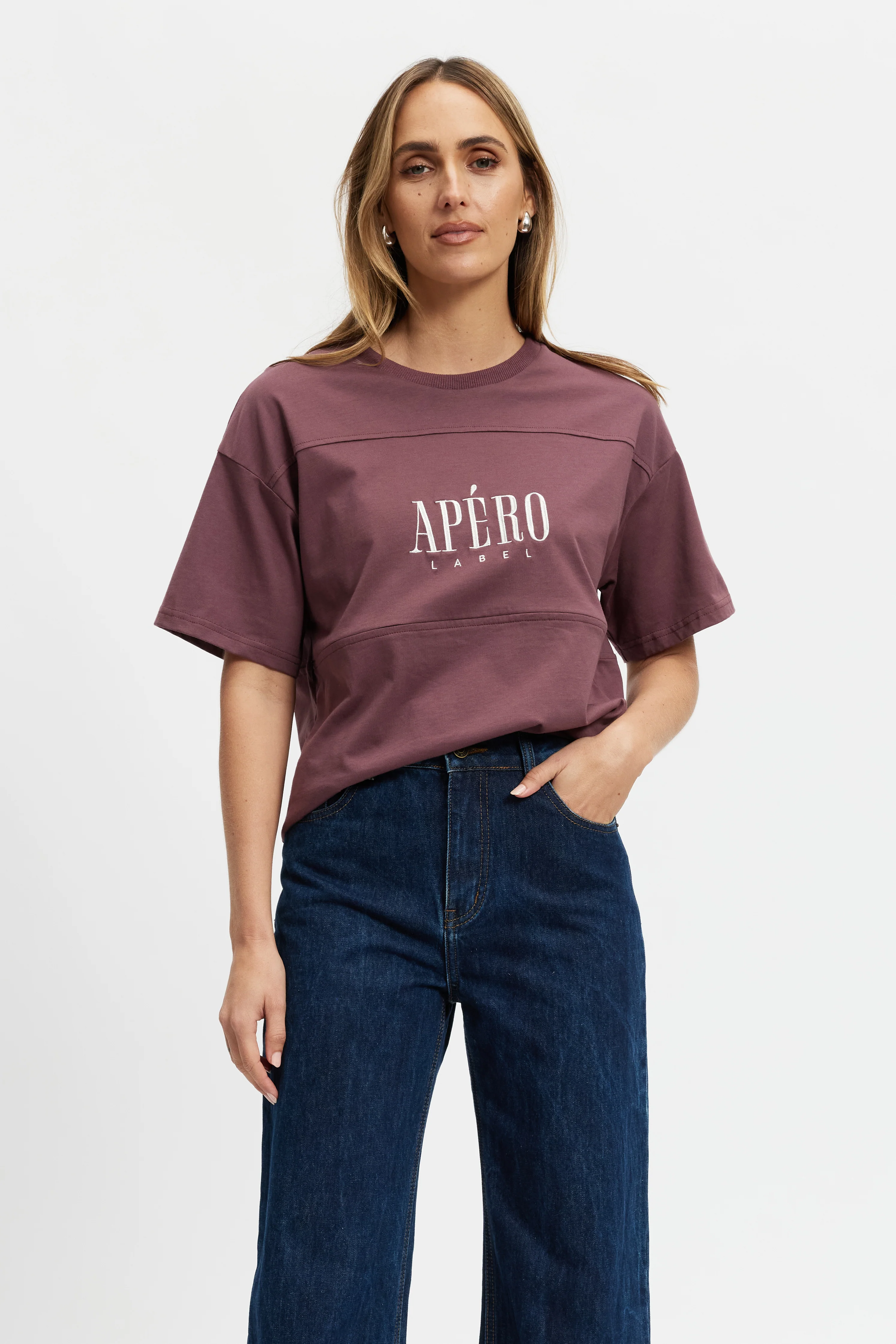 Sunday Drop-Shoulder Cropped Tee - Plum / Cream - Image 3