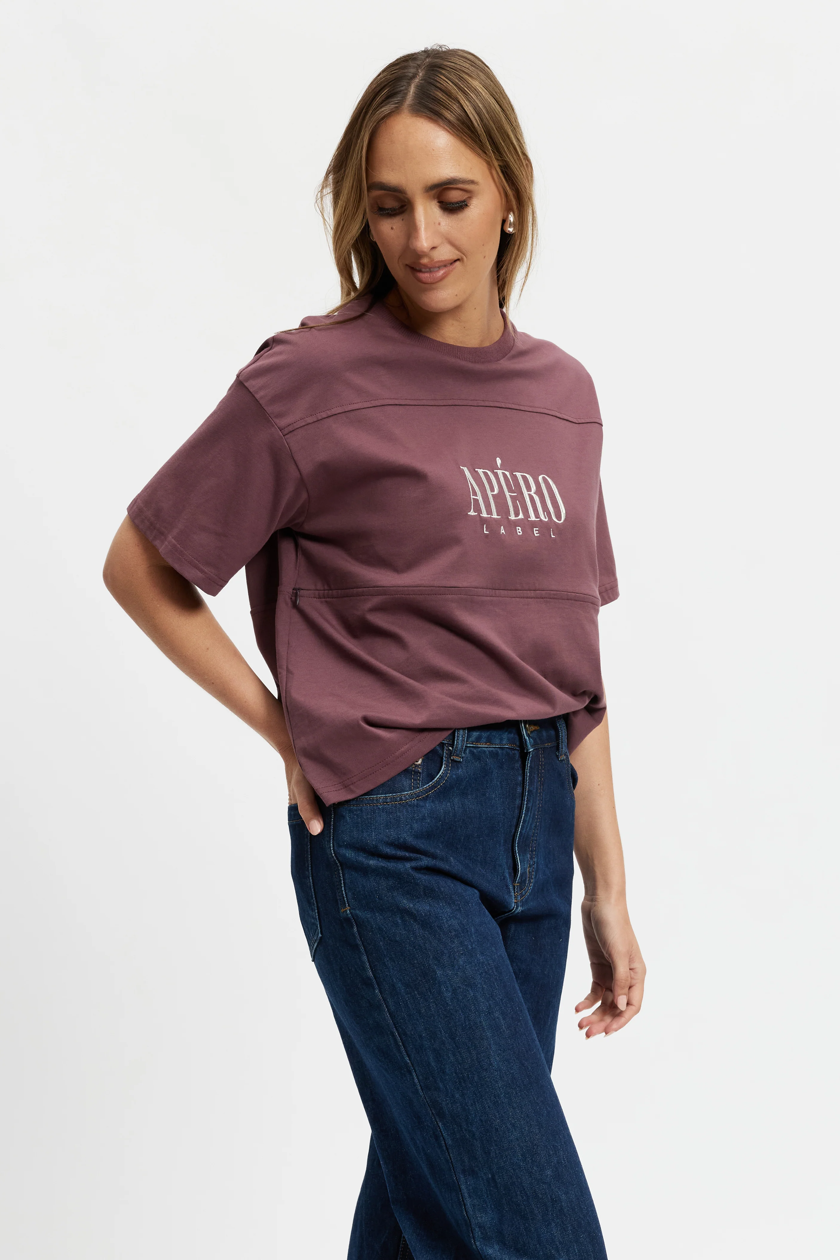 Sunday Drop-Shoulder Cropped Tee - Plum / Cream - Image 4