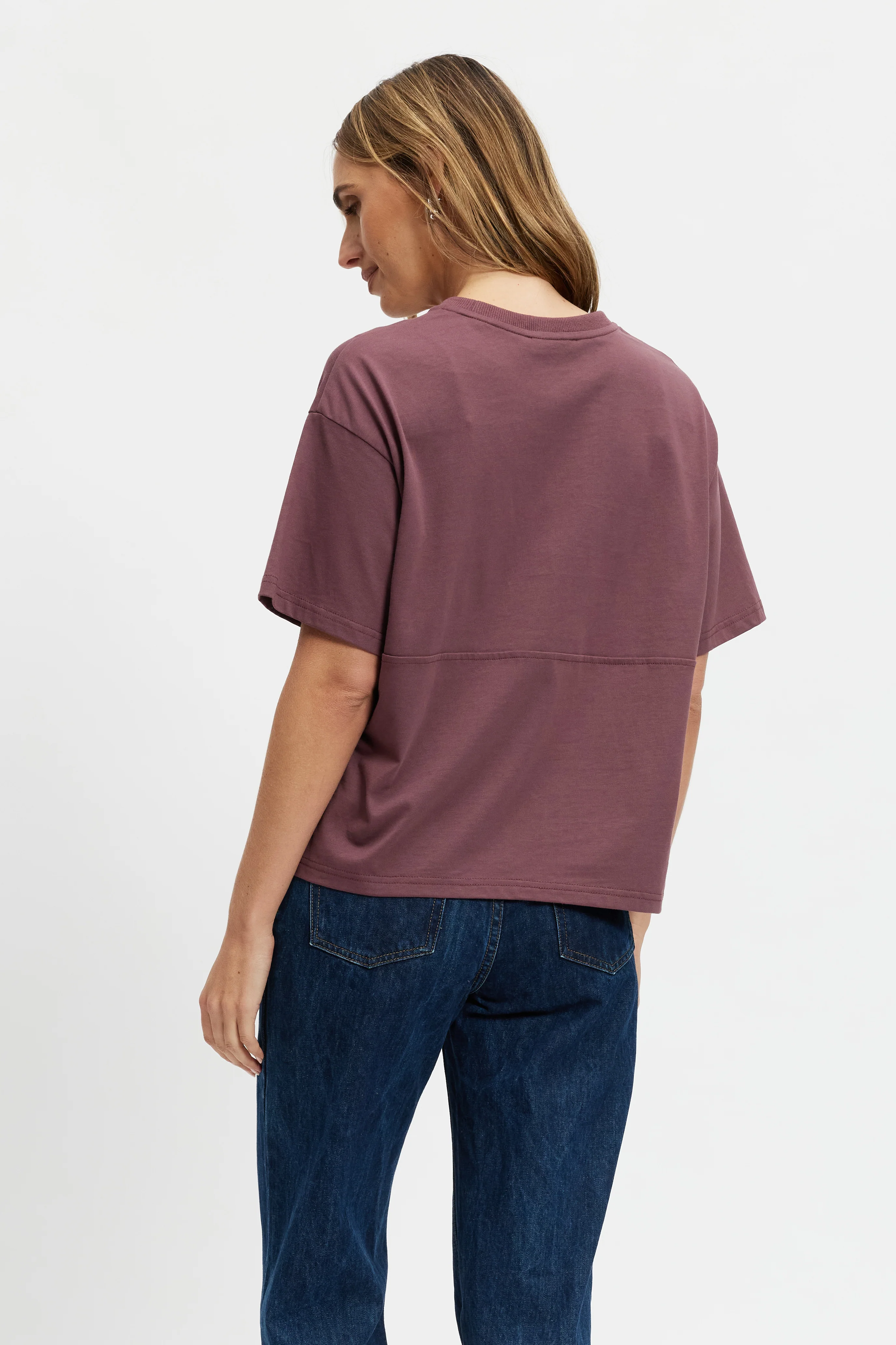 Sunday Drop-Shoulder Cropped Tee - Plum / Cream - Image 5