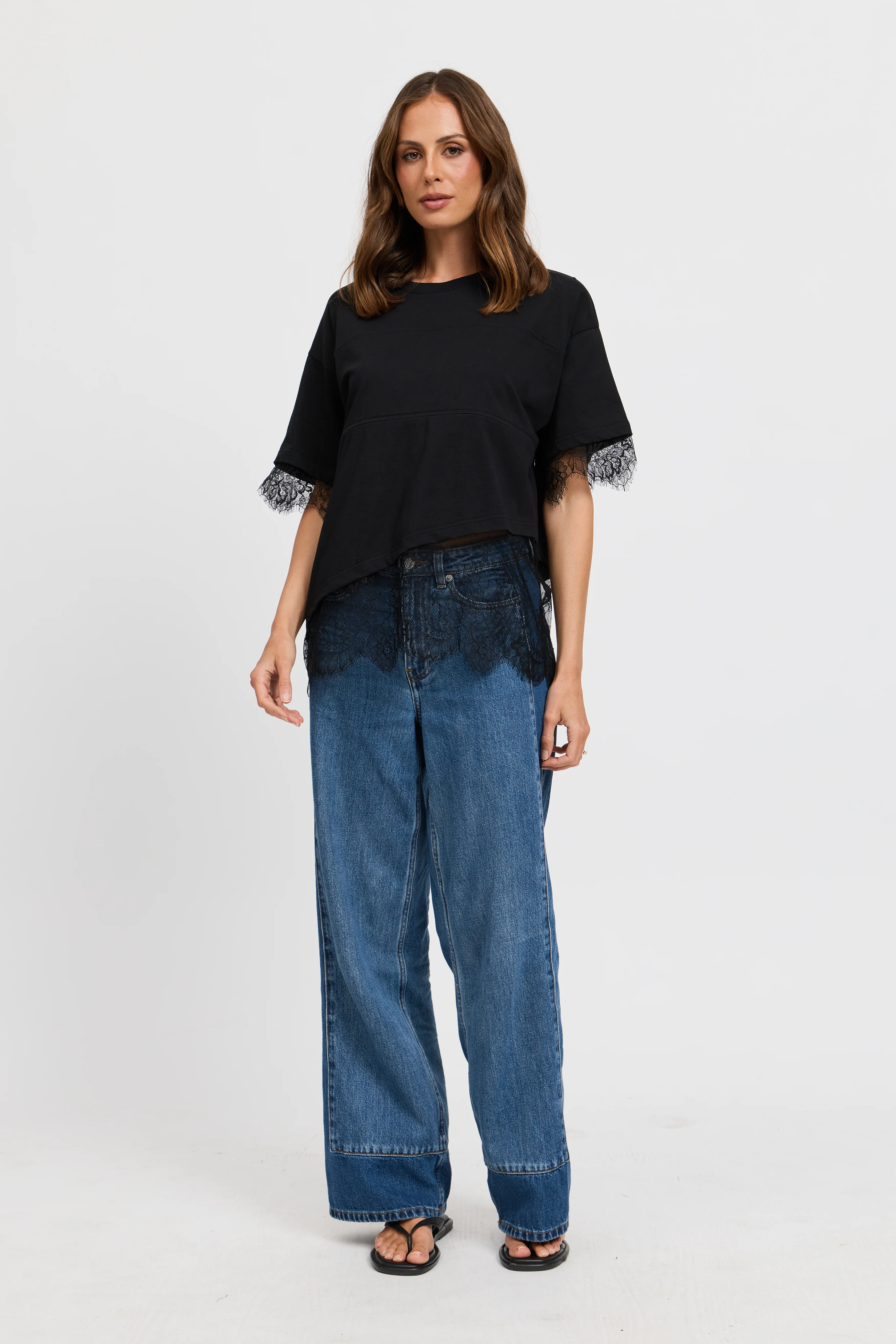 Sutton Lace-Trim Asymmetrical Panel Tee - Black