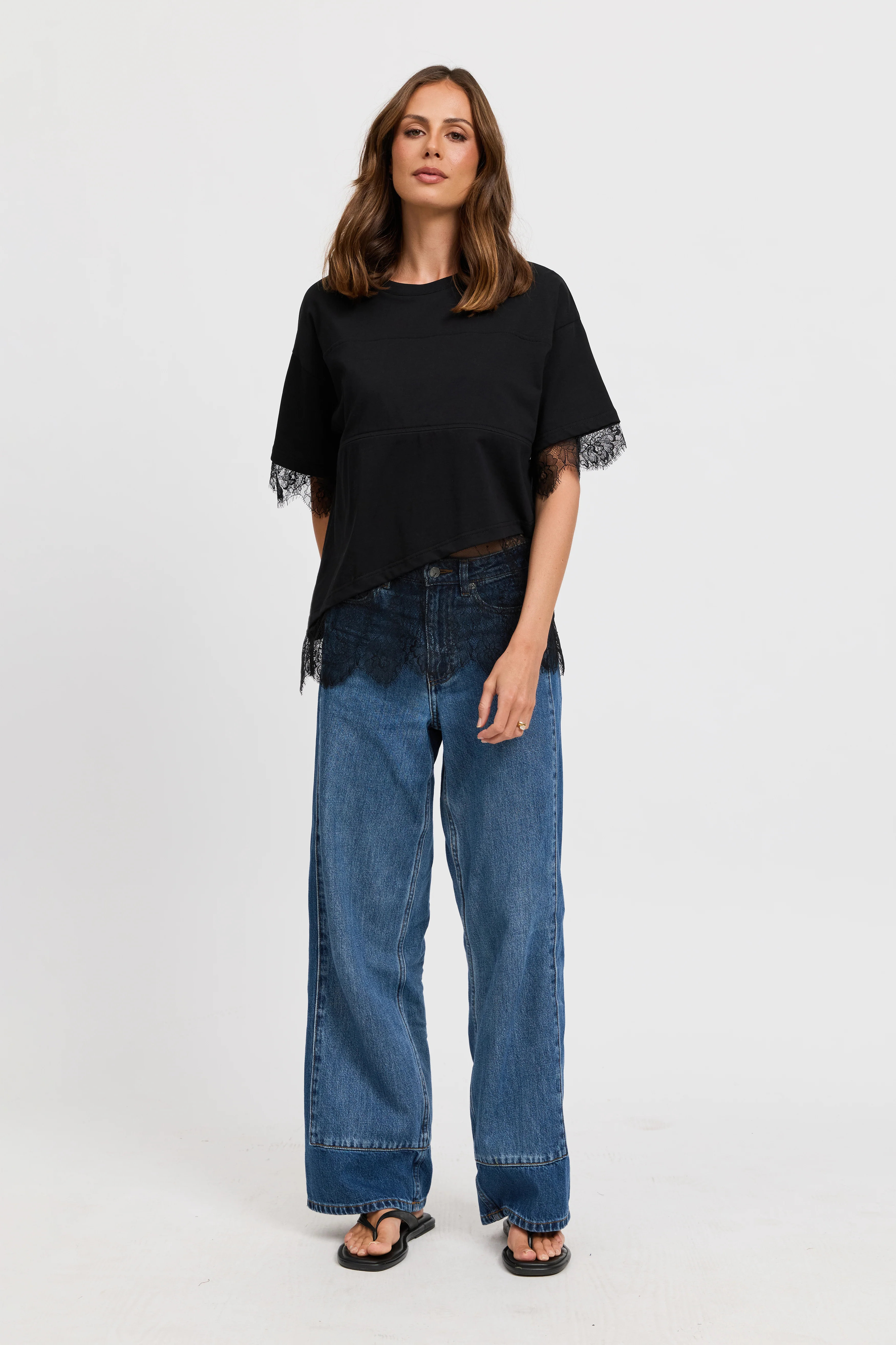 Sutton Lace-Trim Asymmetrical Panel Tee - Black - Image 10