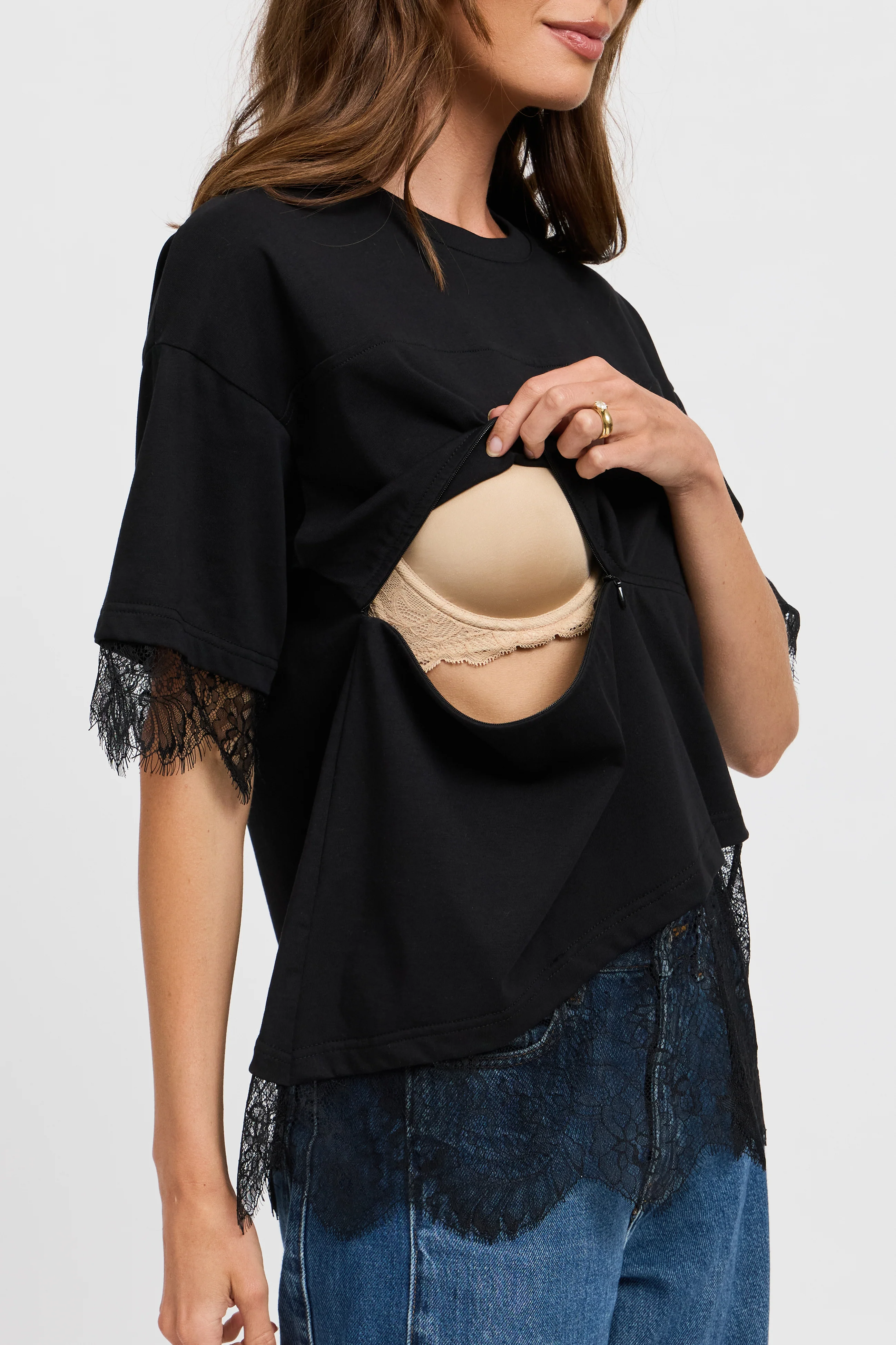 Sutton Lace-Trim Asymmetrical Panel Tee - Black - Image 2