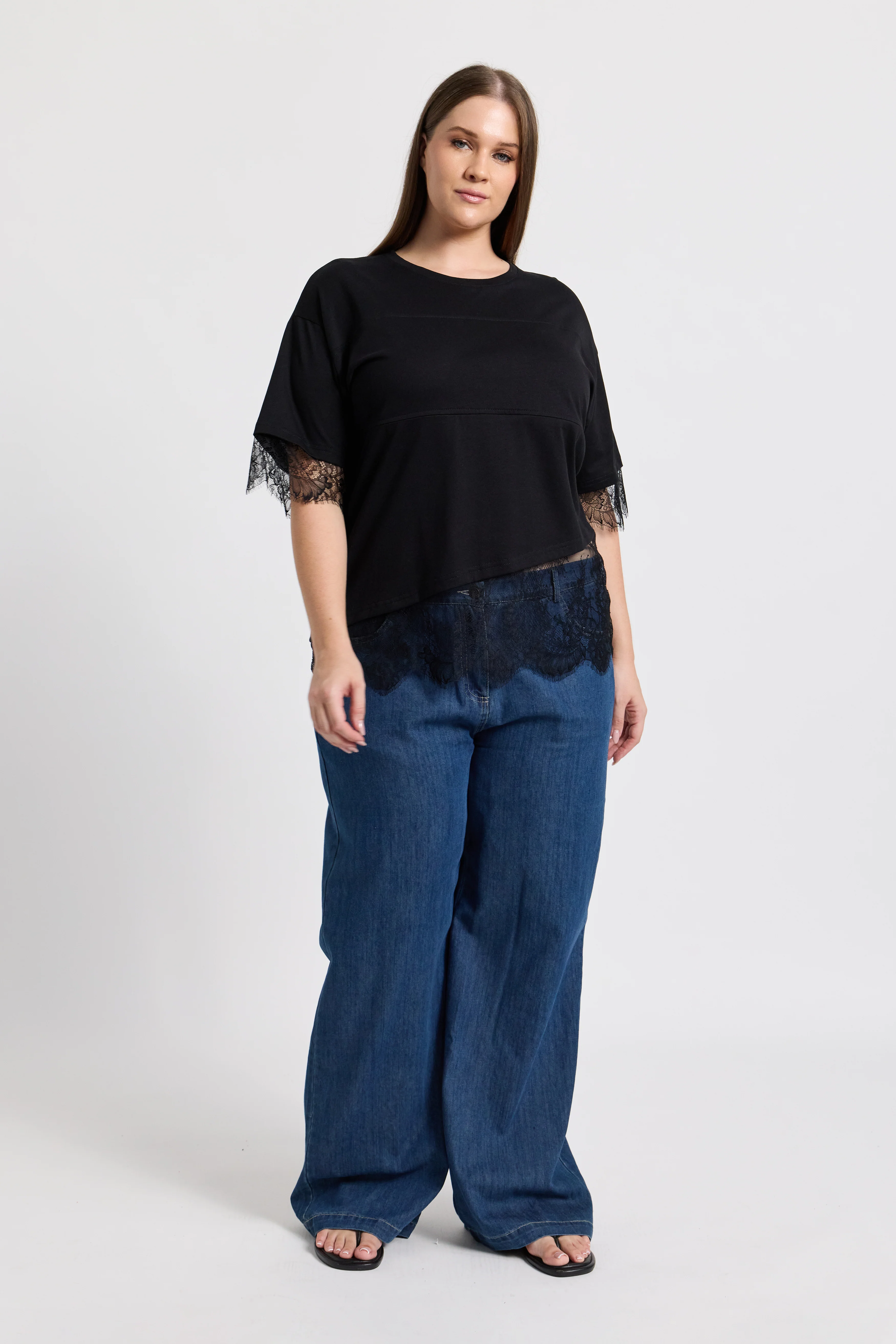 Sutton Lace-Trim Asymmetrical Panel Tee - Black - Image 3