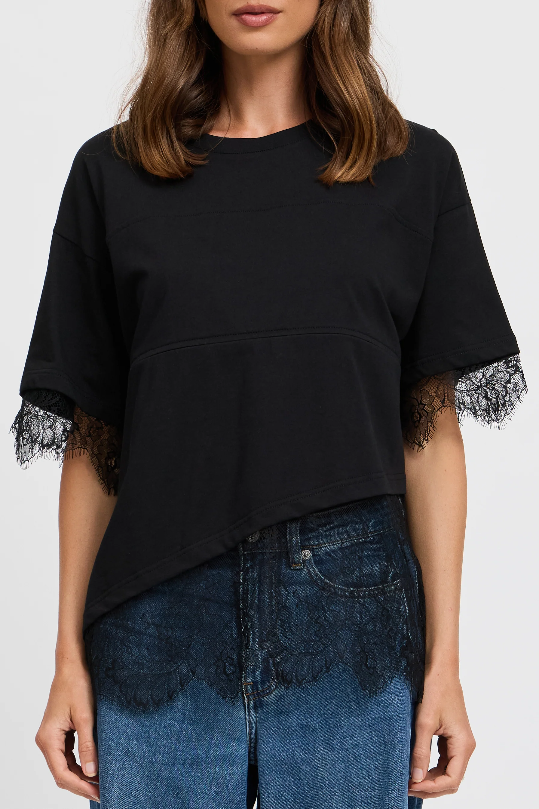 Sutton Lace-Trim Asymmetrical Panel Tee - Black - Image 5