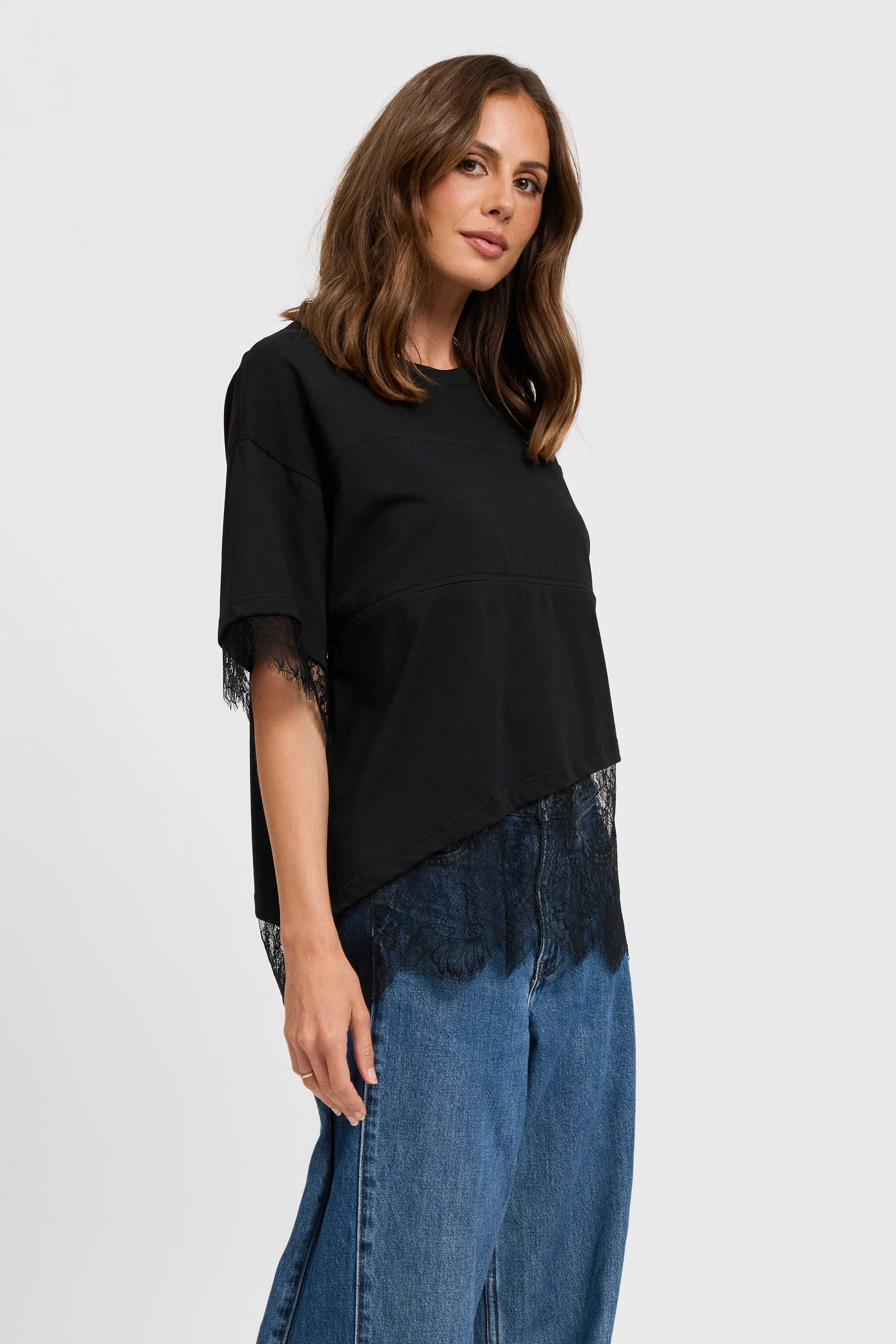 Sutton Lace-Trim Asymmetrical Panel Tee - Black - Image 6