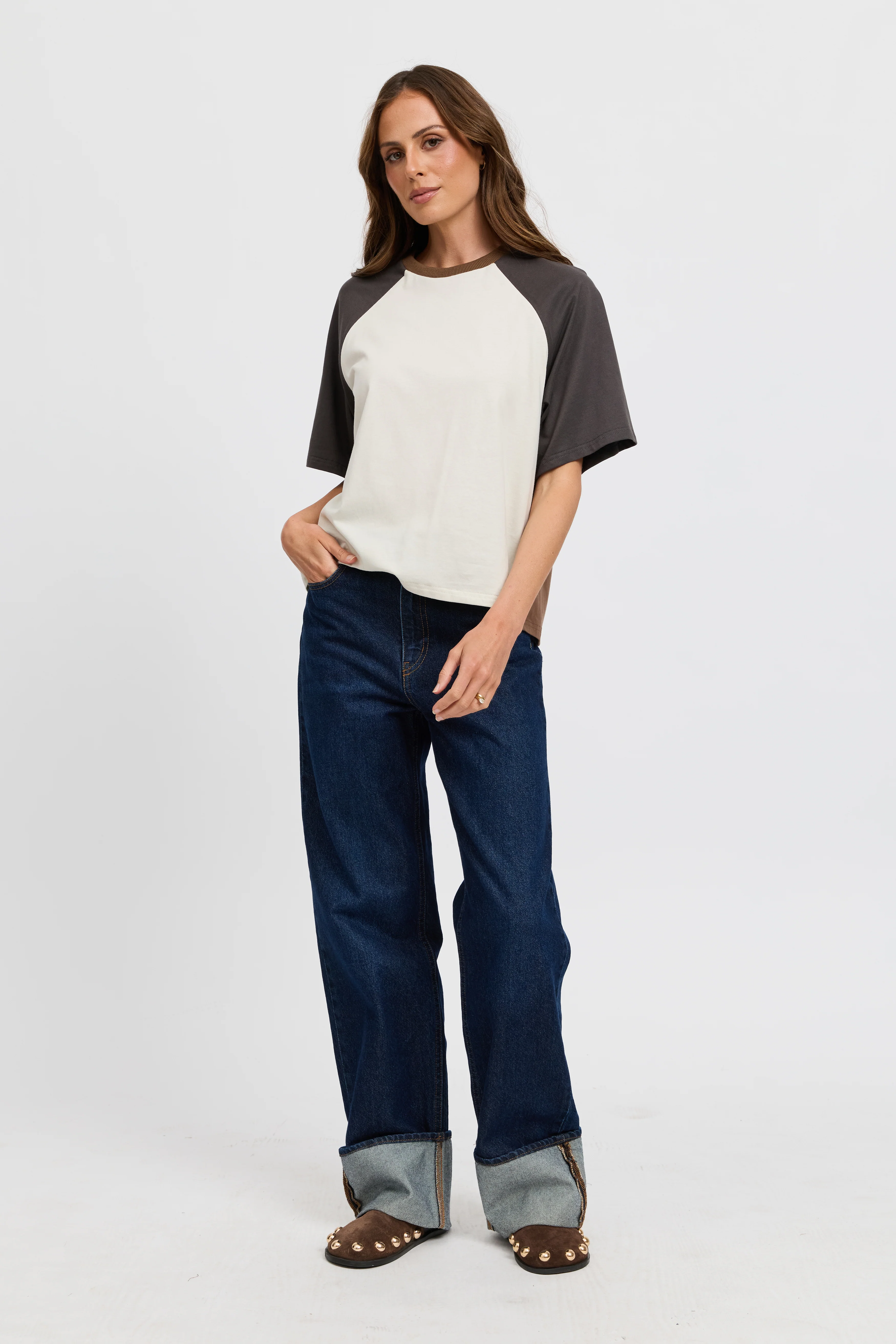 Tasmin Box-Cut Tee - Chocolate / Charcoal / Cream