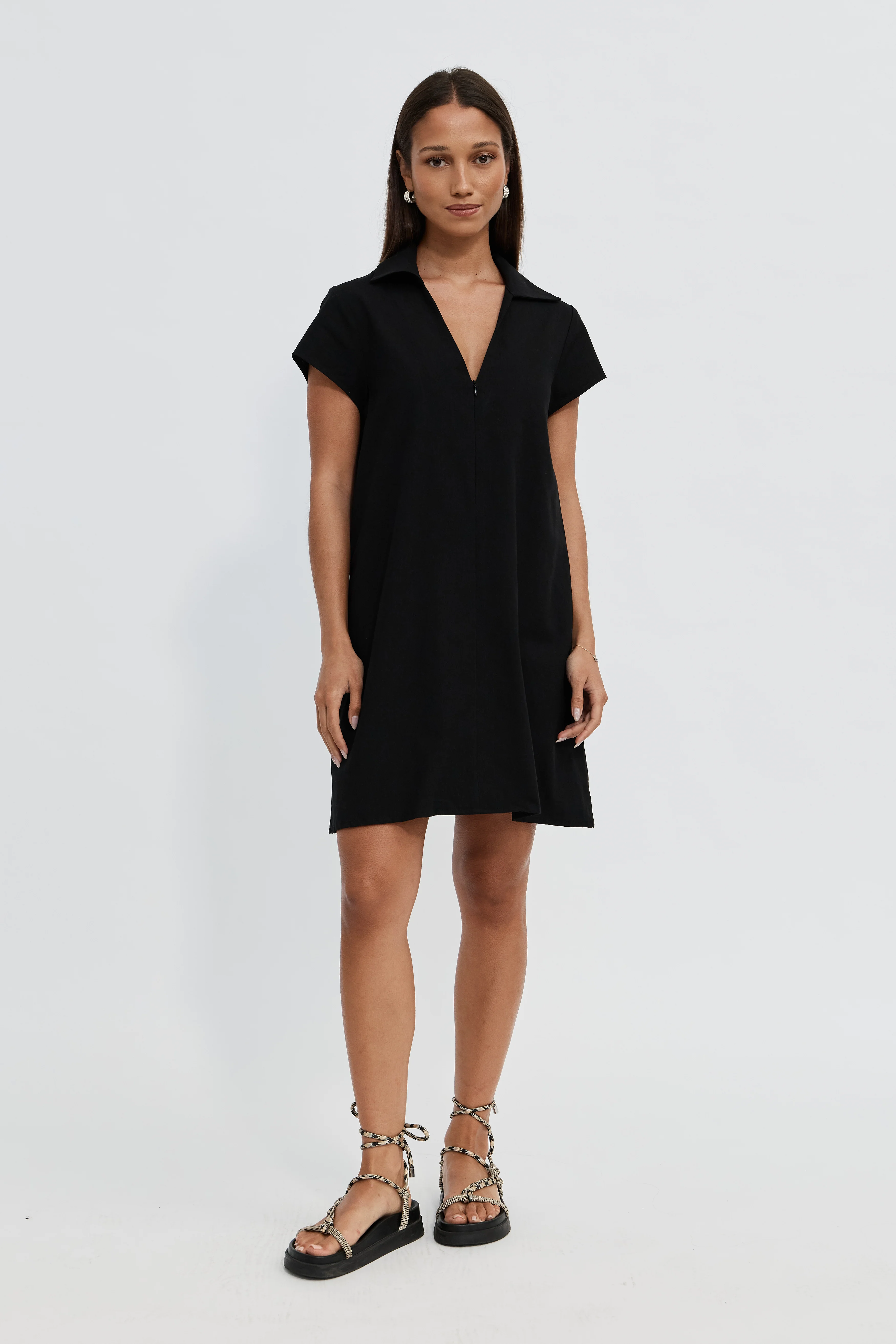 Tully Collared Zip-Front Mini Dress - Black - Image 4