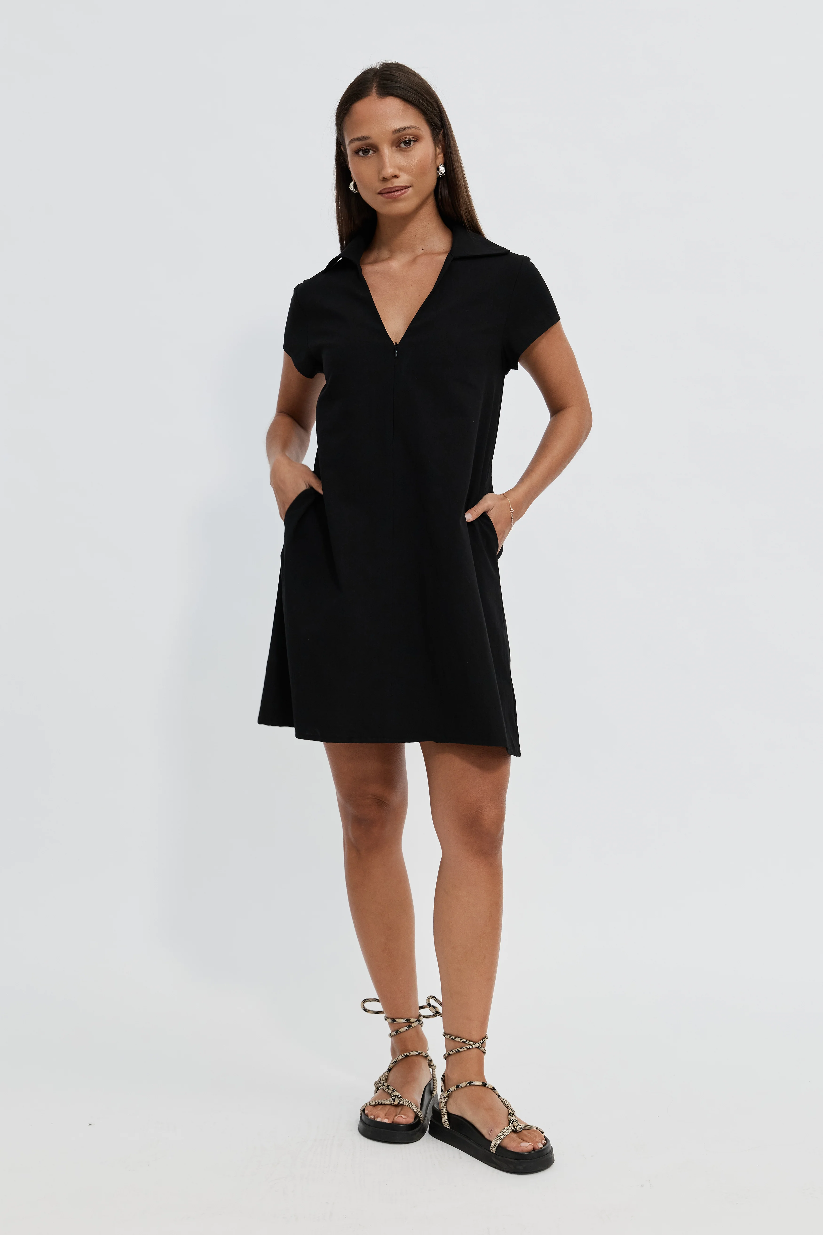 Tully Collared Zip-Front Mini Dress - Black - Image 5