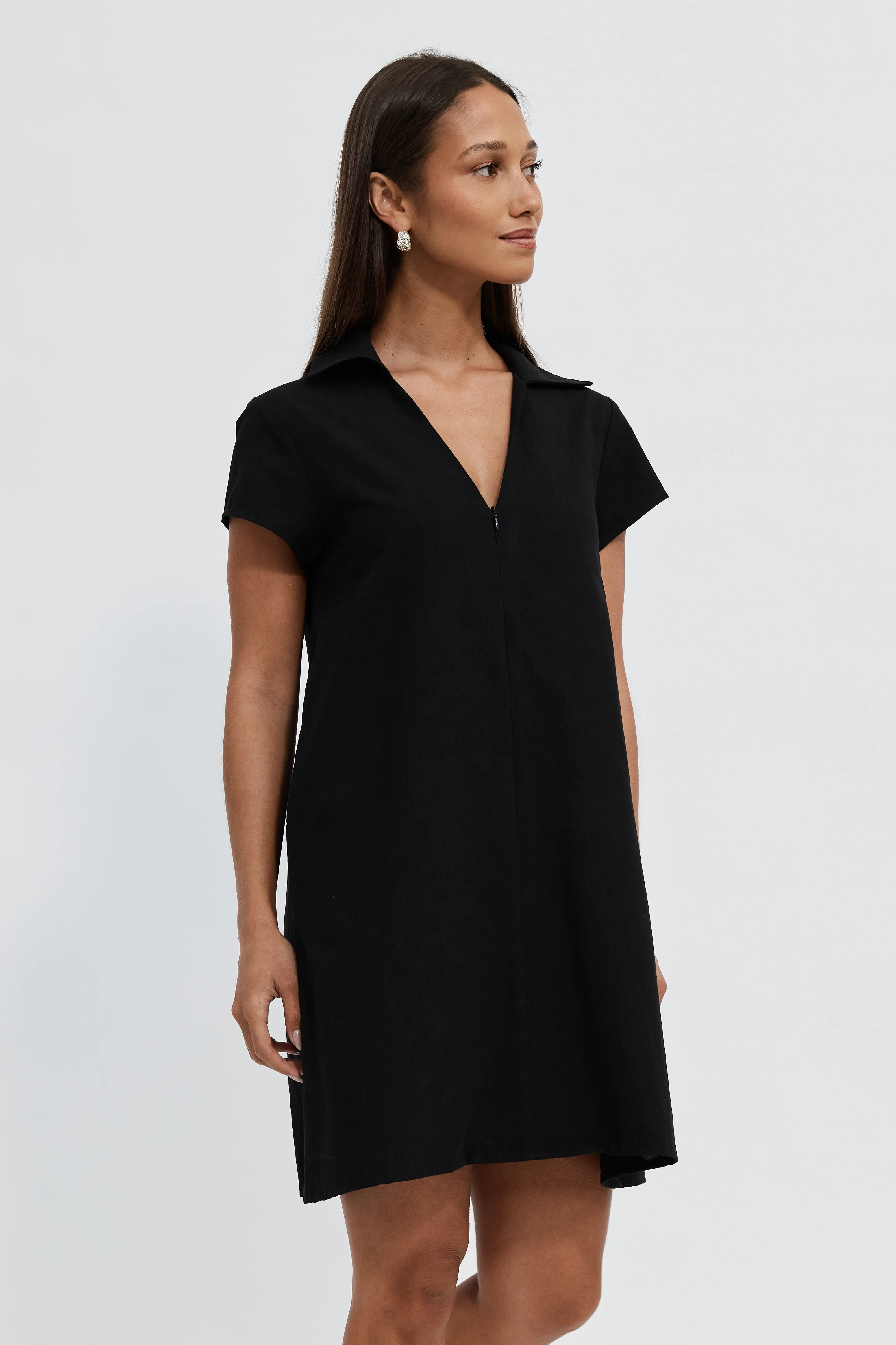 Tully Collared Zip-Front Mini Dress - Black - Image 6