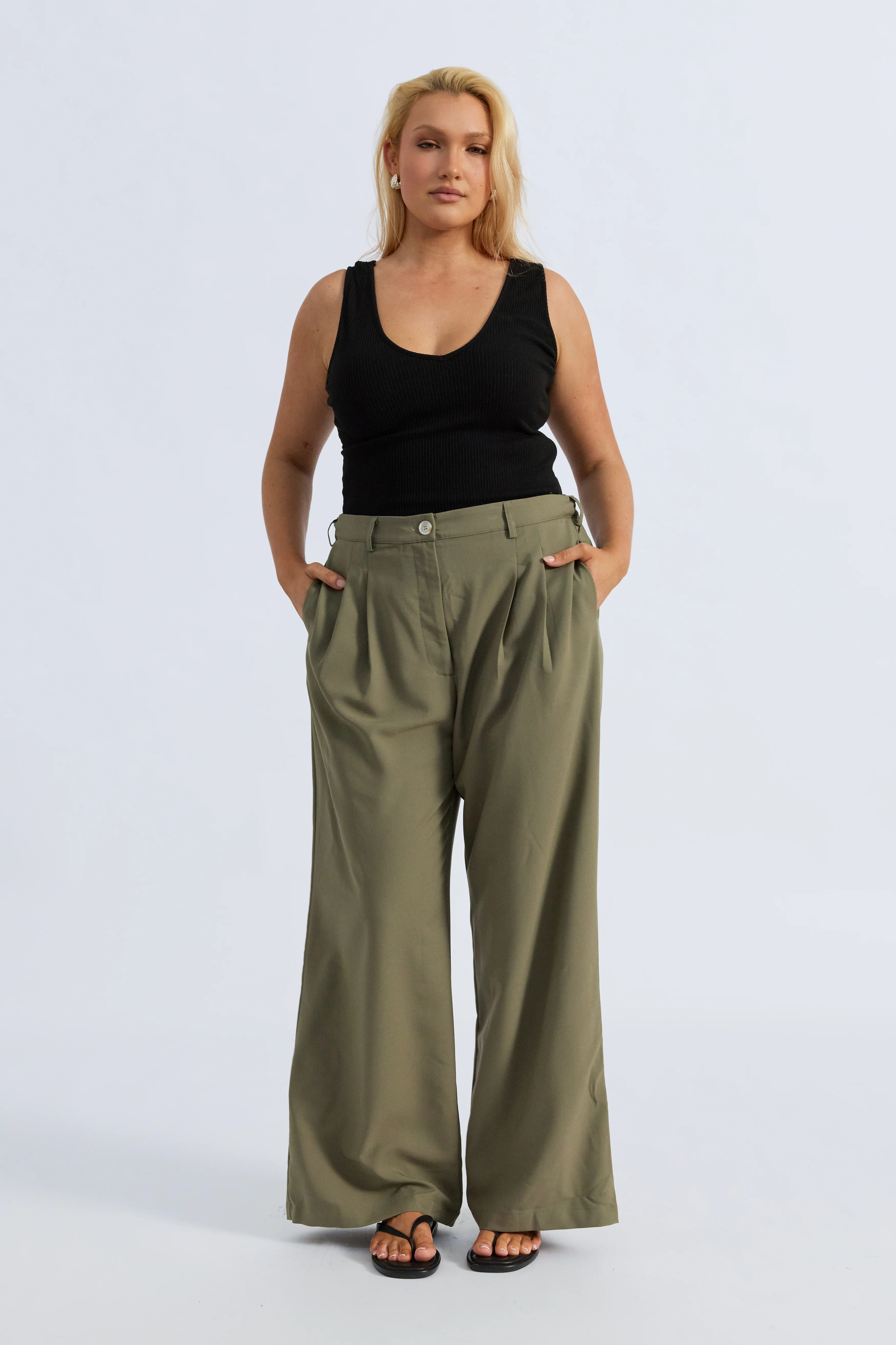 Zadie Adjustable Wide Leg Trouser - Khaki - Image 6
